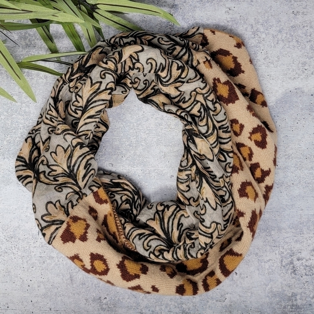 Collection Eighteen Leopard & Scroll Mixed Print & Material Infinity Scarf